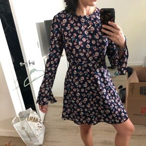 Navy floral long sleeve dress with open back